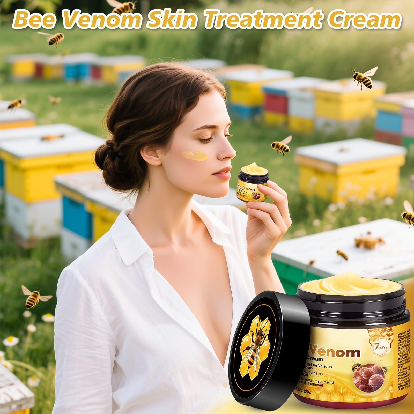 JUANCHI Bee Venom Cream all-skin-types formula shown on wrists and neck