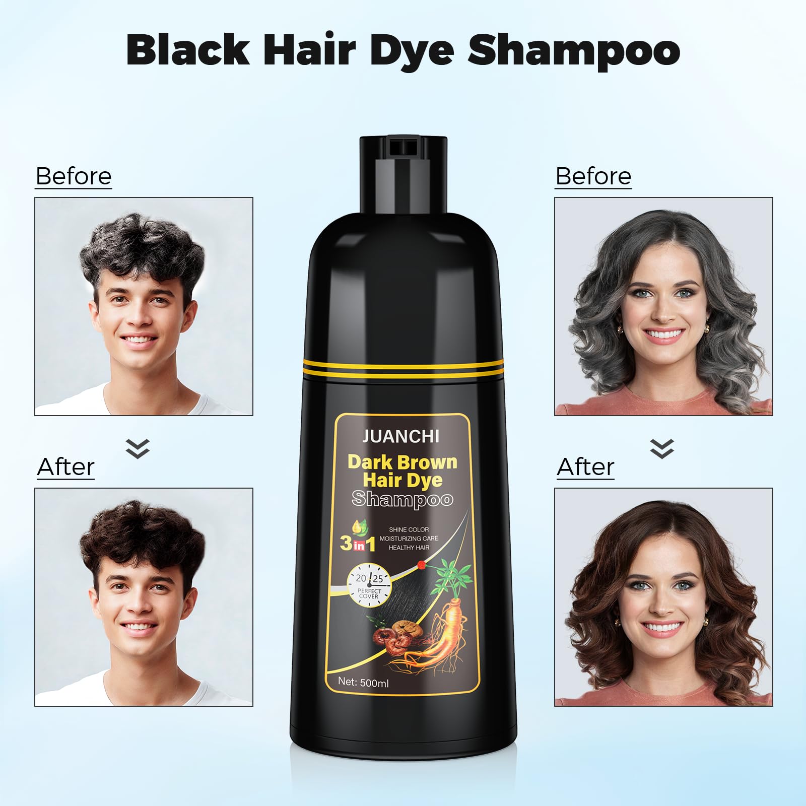 JUANCHI Hair Dye Shampoo application demonstrates simple, mess-free root touch-up.