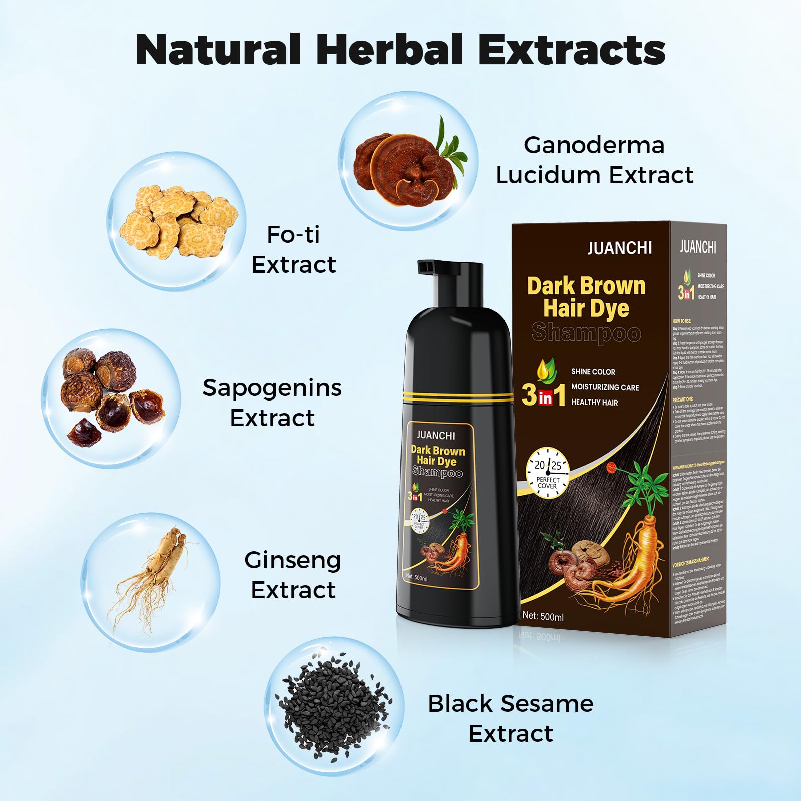 JUANCHI Dark Brown Hair Dye Shampoo lather shows even color blending.