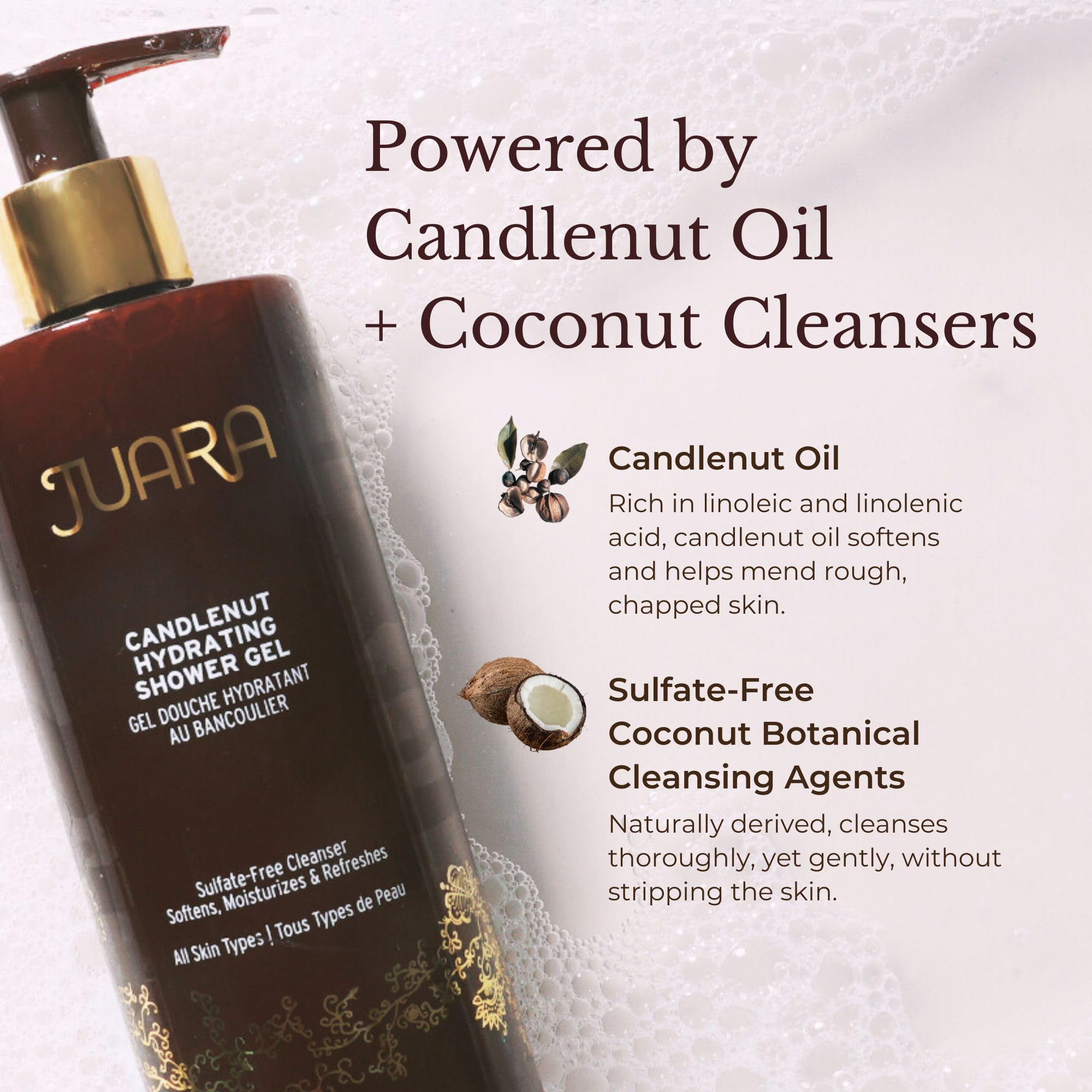 Juara Candlenut Hydrating Shower Gel lather closeup shows creamy foam