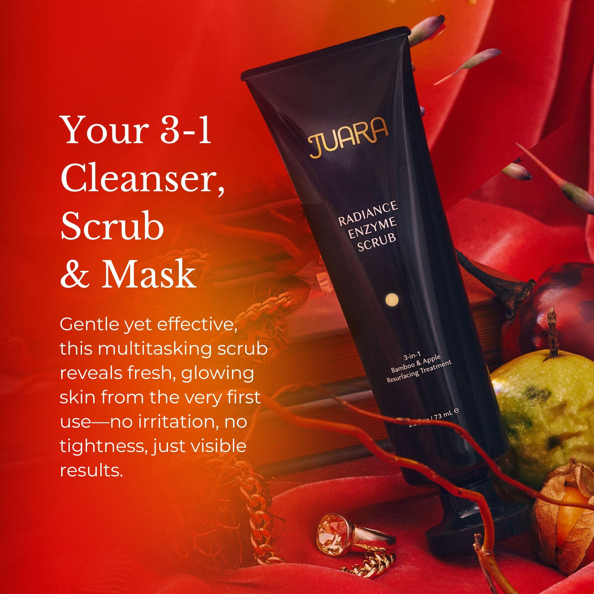 Juara Radiance Enzyme Scrub texture close-up shows creamy exfoliating action.