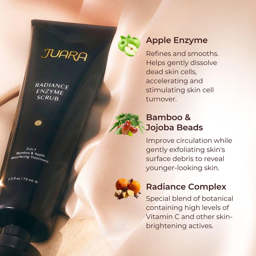 Juara Radiance Enzyme Scrub with turmeric and vitamin C brightens tone.