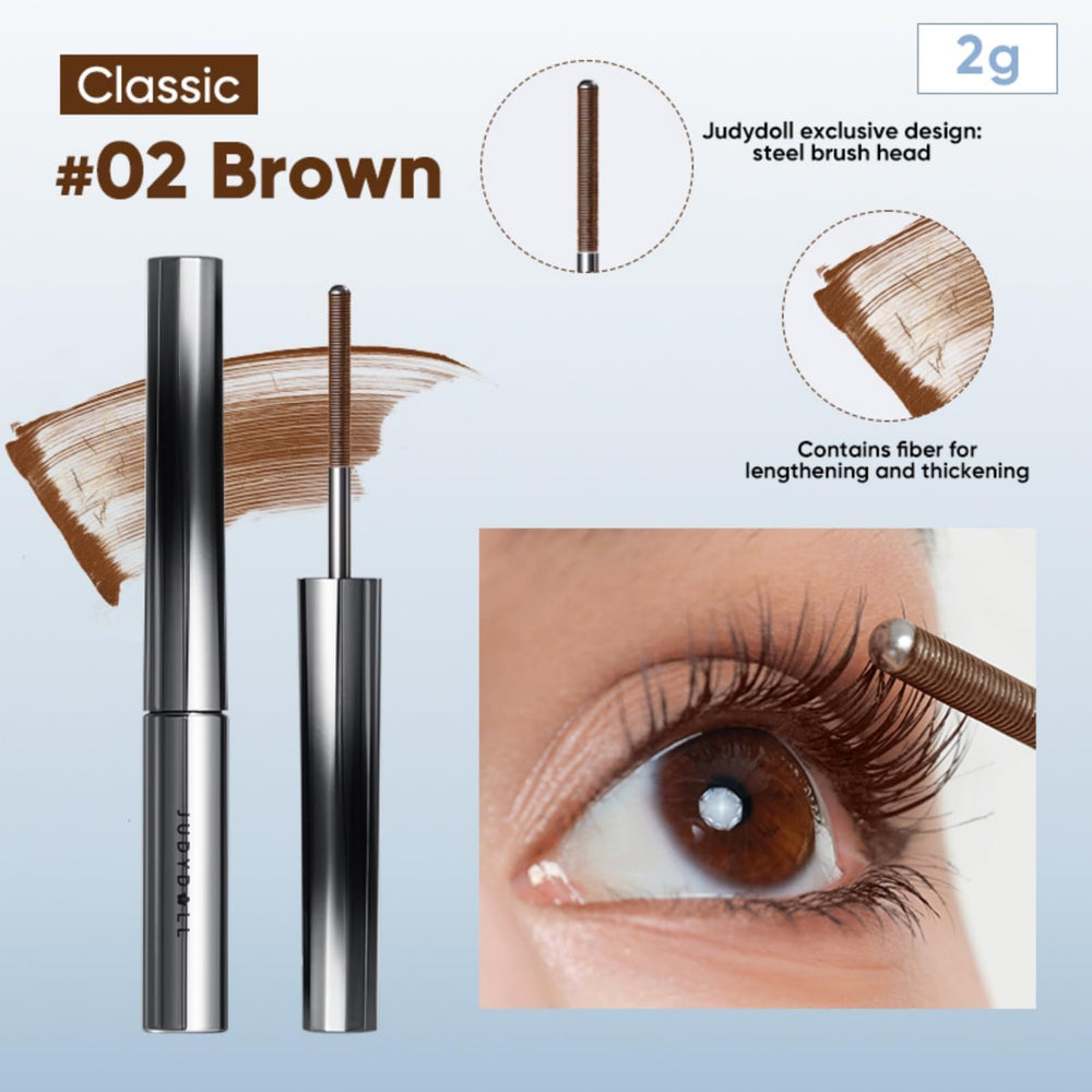 JUDYDOLL 3D Curling Eyelash Iron Wand brush closeup shows ultra-fine bristles for clump-free definition.
