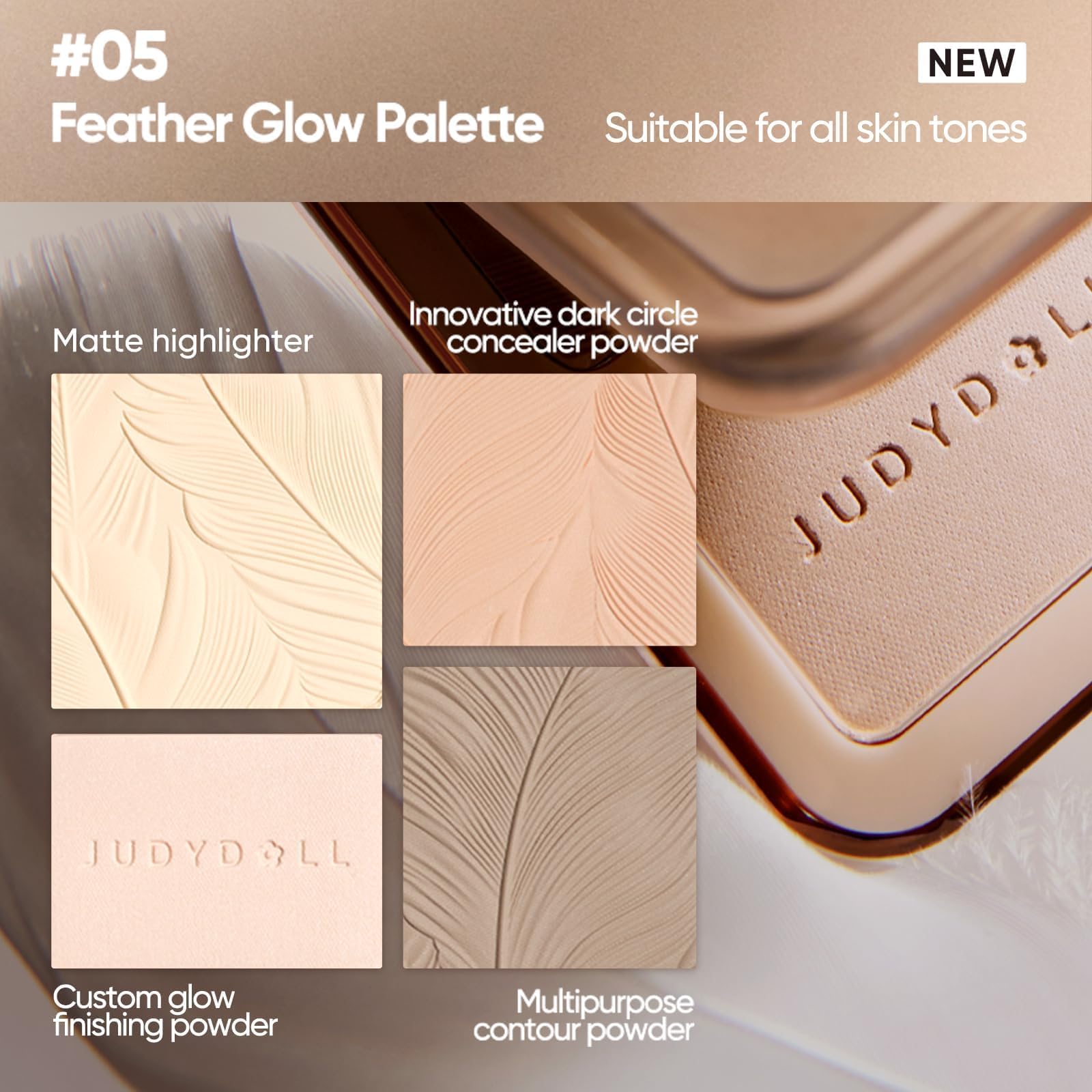 Swatches on arm show two highlighters from JUDYDOLL Feather Glow Palette
