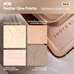 Swatches on arm show two highlighters from JUDYDOLL Feather Glow Palette