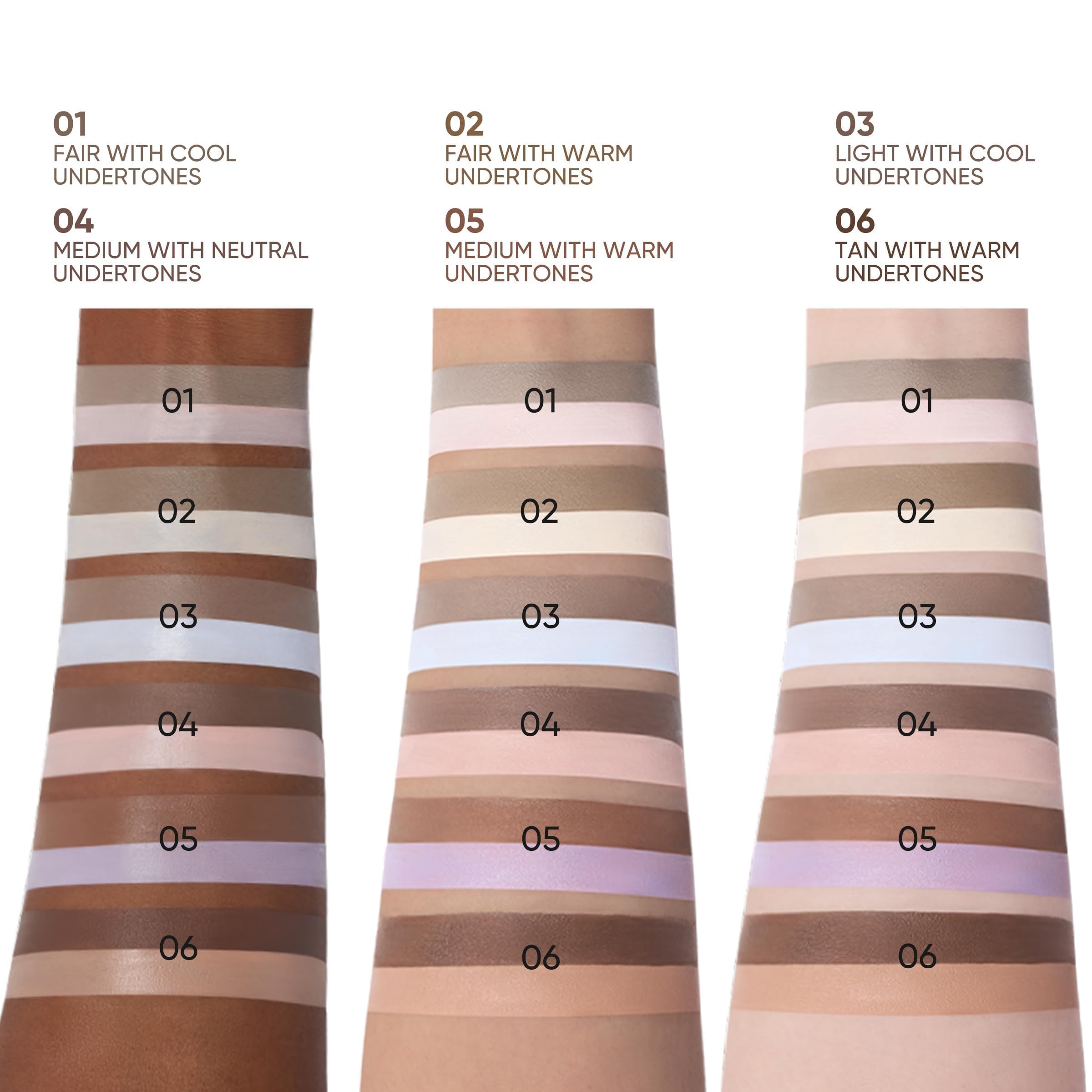 JUDYDOLL liquid contour under-eye brightening swatches show natural shade possibilities for various undertones.