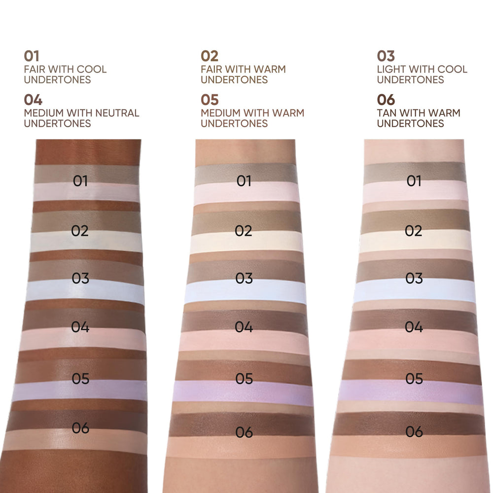 JUDYDOLL liquid contour under-eye brightening swatches show natural shade possibilities for various undertones.