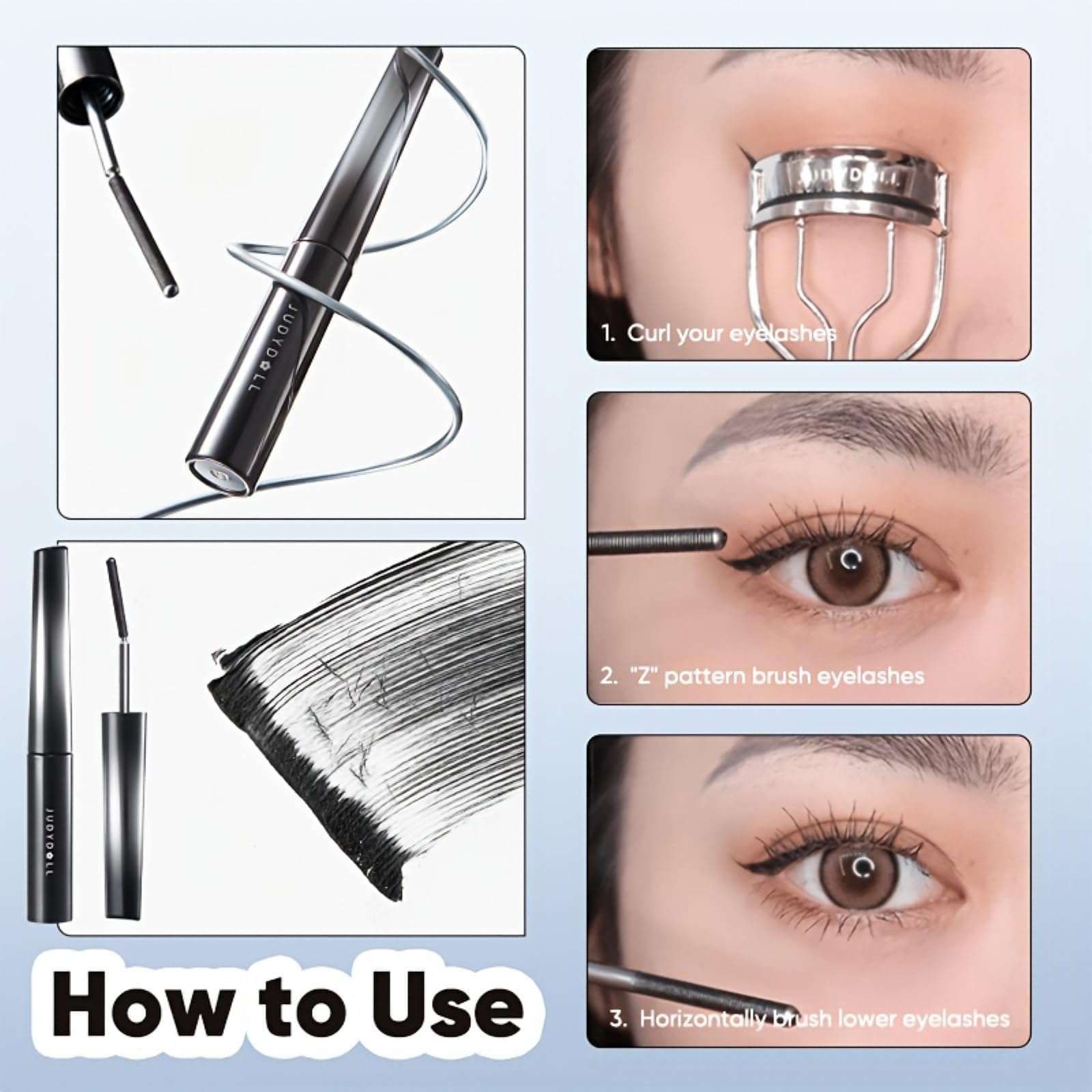 JUDYDOLL shade 01 black tube enhances lash intensity.