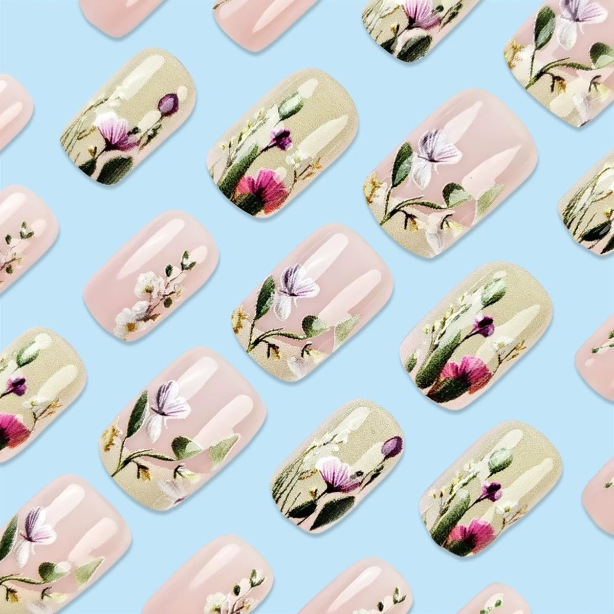 Juggssa floral design press-on nails closeup highlights playful petals