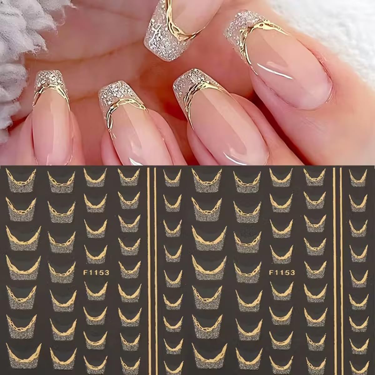 Juggssa golden glitter french tip nail stickers for quick shimmering accents.
