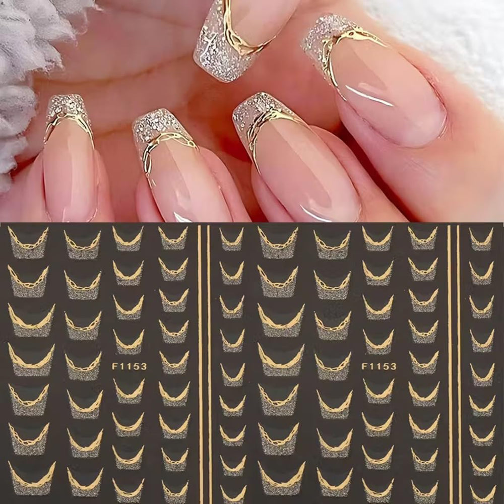 Juggssa golden glitter french tip nail stickers for quick shimmering accents.
