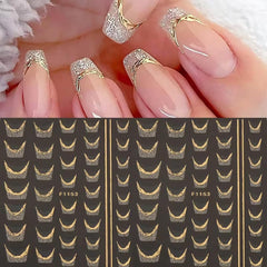 Juggssa golden glitter french tip nail stickers for quick shimmering accents.