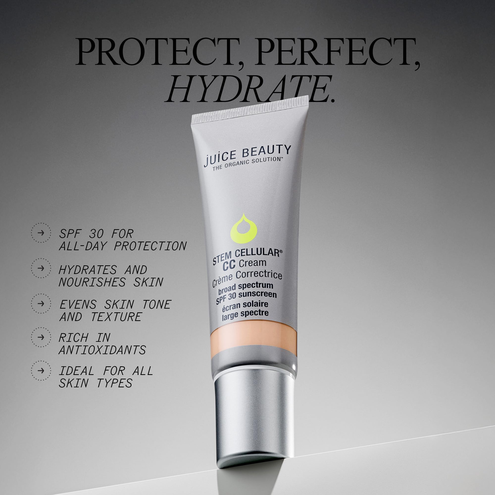 Juice Beauty Stem Cellular CC Cream on cheek demonstrates dewy, breathable texture.