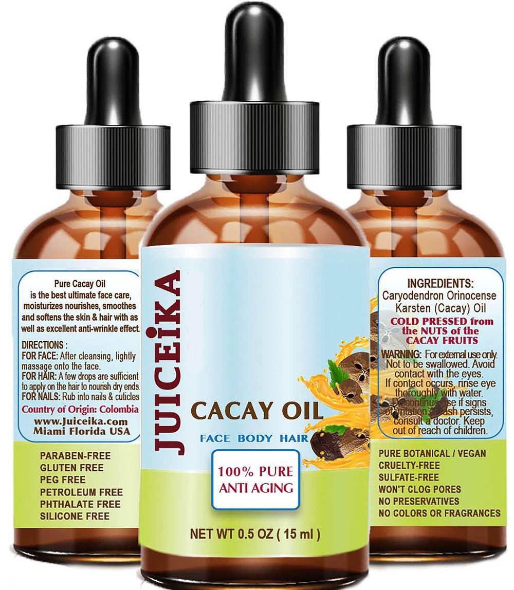 Juiceika Cacay Oil bottle showcases lightweight, fast-absorbing moisture for all skin types.