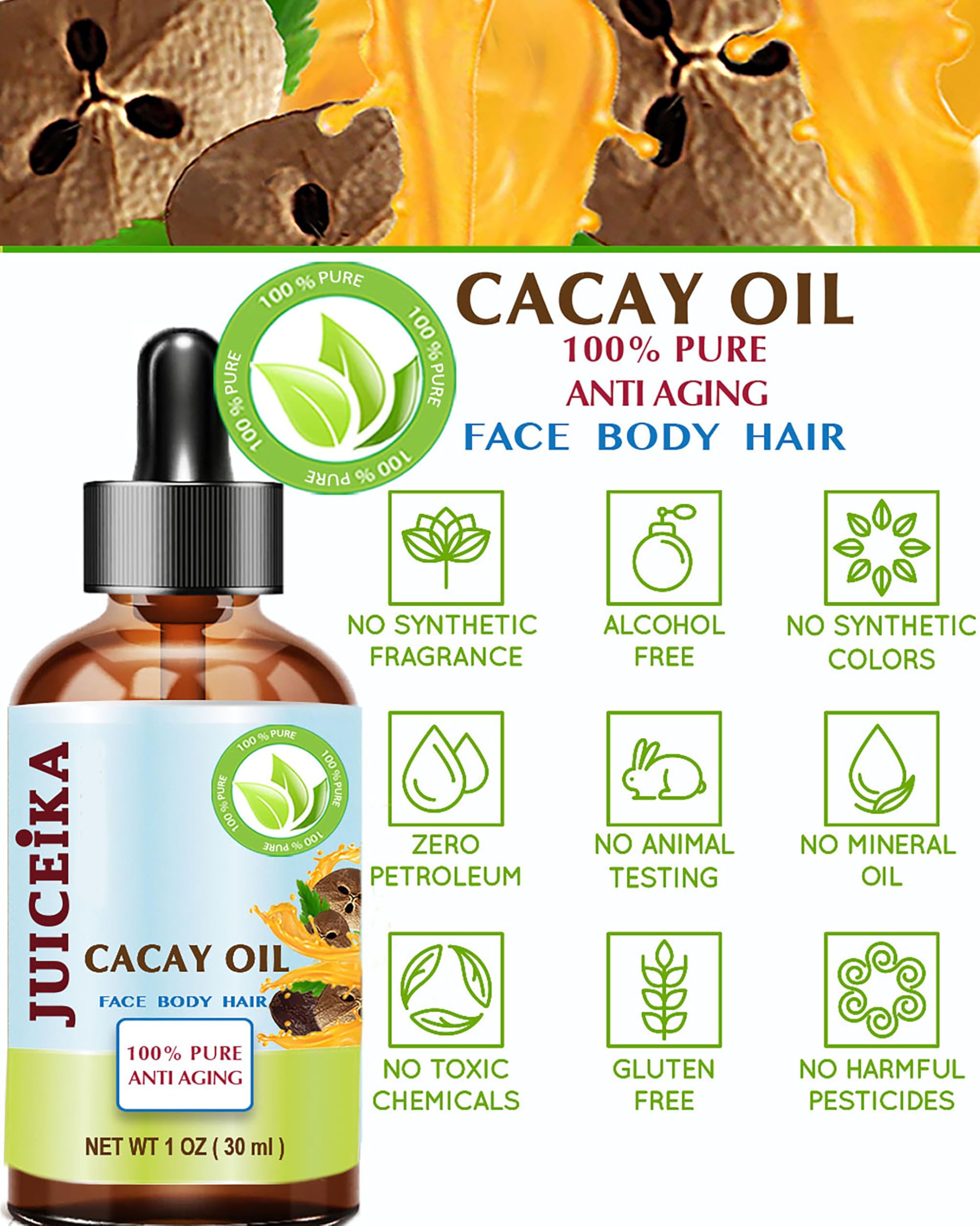 Juiceika Cacay Oil branding on bottle reinforces natural beauty care.