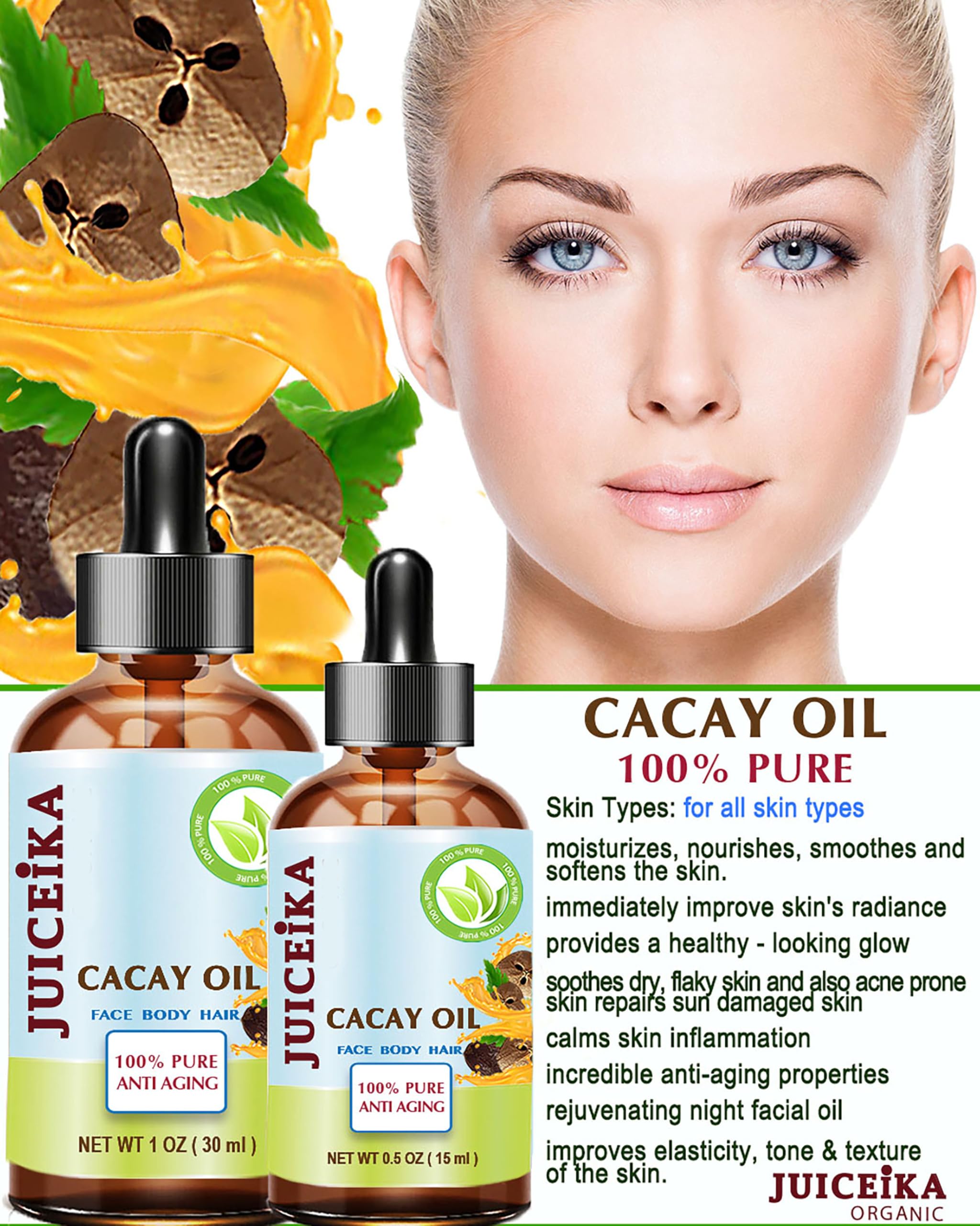 Juiceika Cacay Oil label highlights 100% pure virgin, unrefined formula.