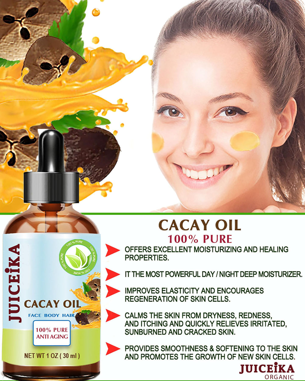 Juiceika Cacay Oil on skin shows immediate softening and hydration.