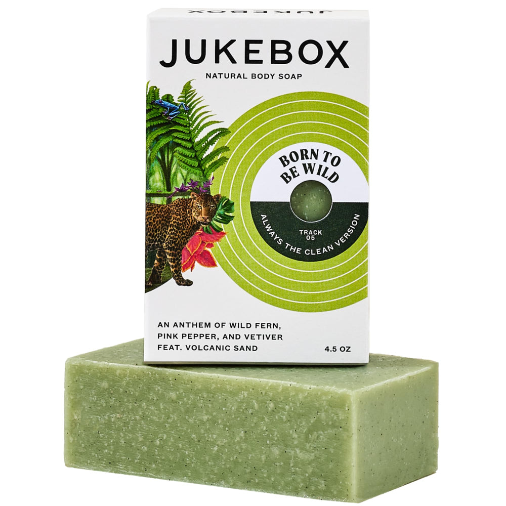 JUKEBOX Born to Be Wild soap packaging highlights a natural, premium bar.