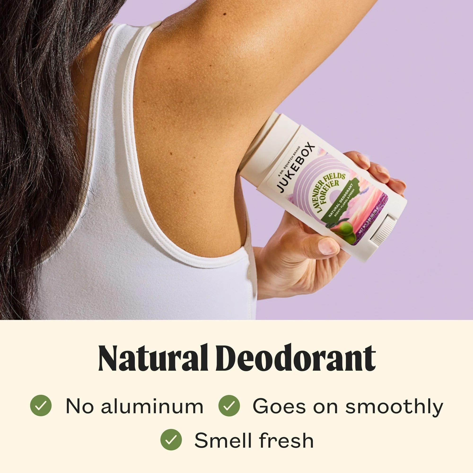 JUKEBOX Lavender Fields Forever packaging highlighting aluminum-free formula for sensitive underarms