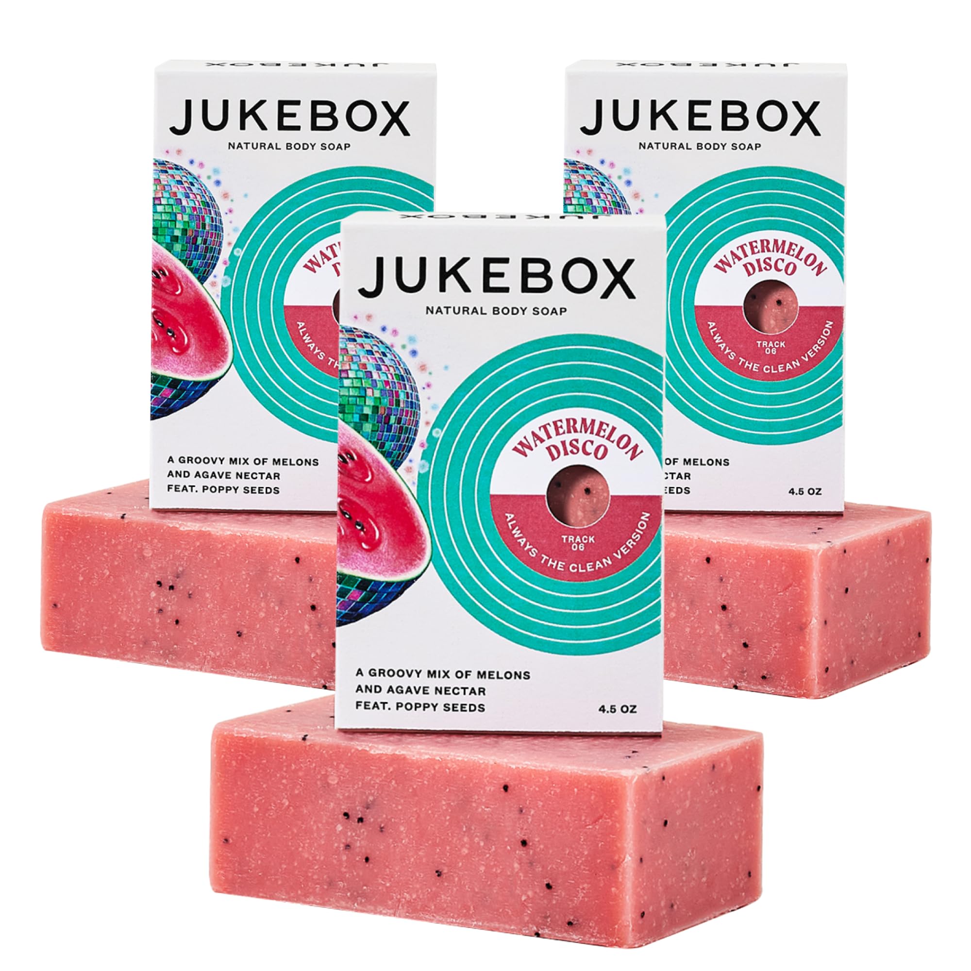 JUKEBOX Watermelon Disco soap bar in full view demonstrating natural cleansing power and fragrance.