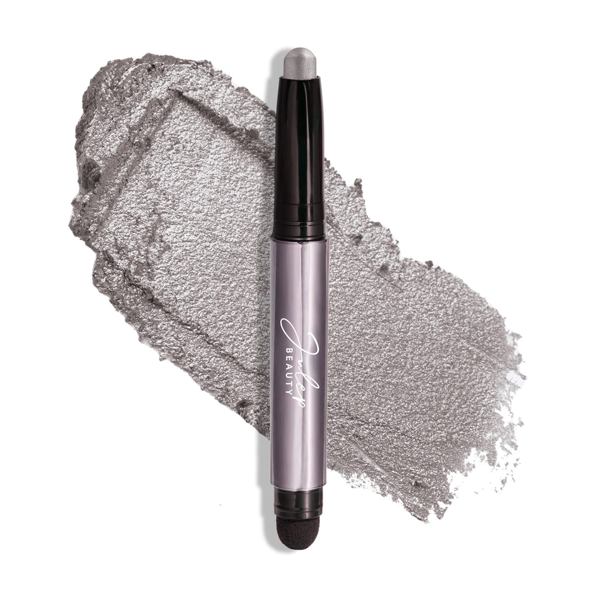 Julep Eyeshadow 101 Rainstorm swatch shows luminous silver shimmer for quick day-to-night looks.