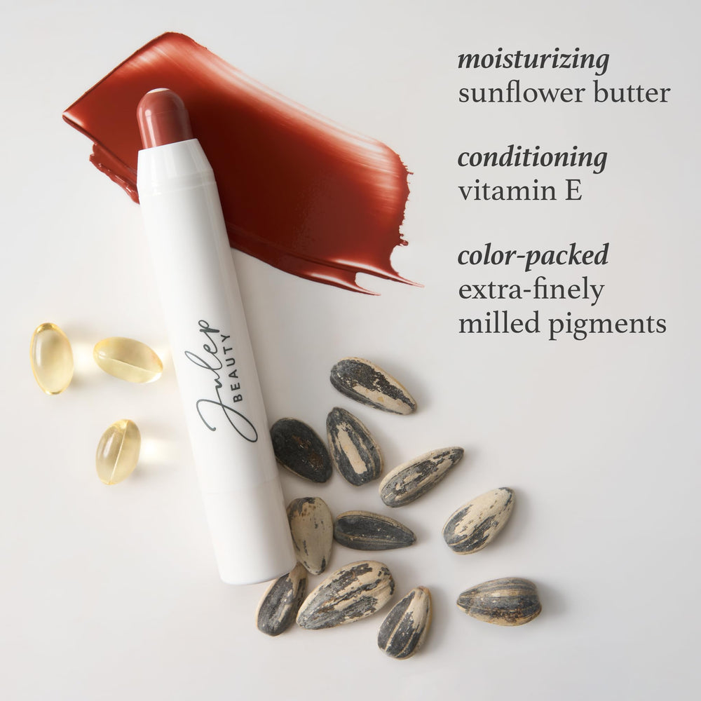 Julep almond nude shade swatch on lips with glossy hydration.