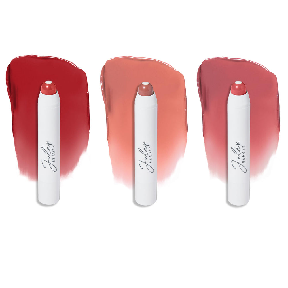 Julep It's Balm Tint Trio Cherry Wood swatch shows glossy hydration.