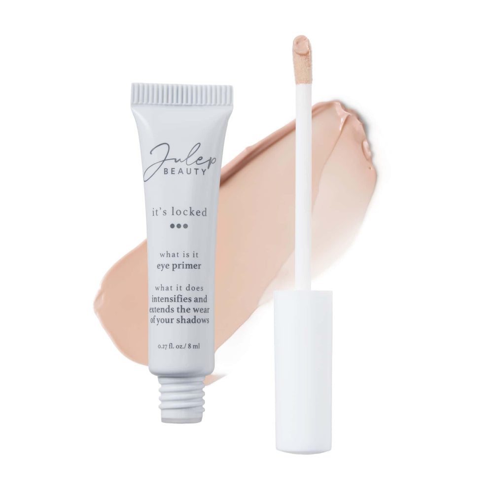 Julep It's Locked Eyeshadow Primer bottle closeup shows sheer, weightless base for smooth lids.