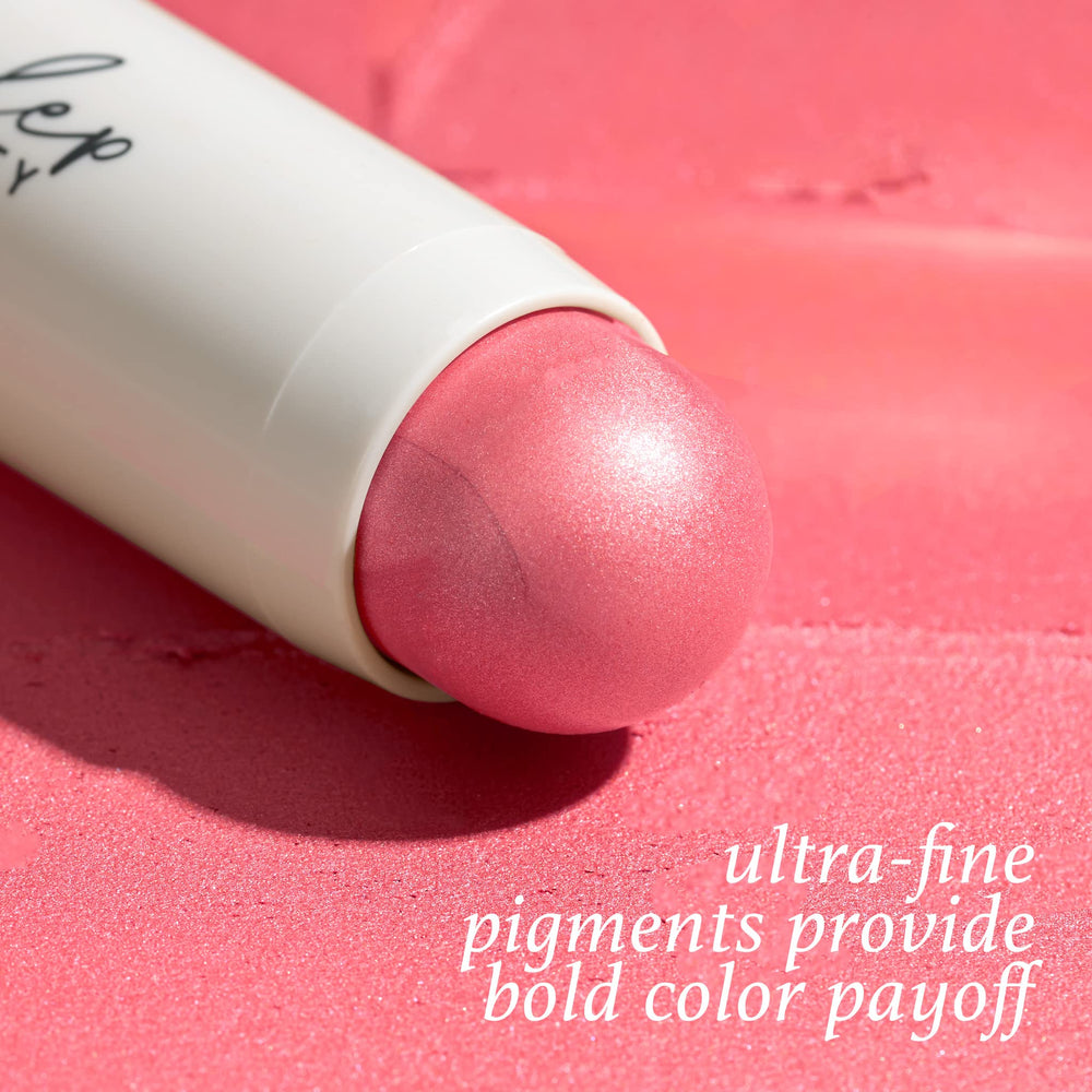 Julep Skip The Brush Blush Stick Peony Pink on lips for a coordinated shade