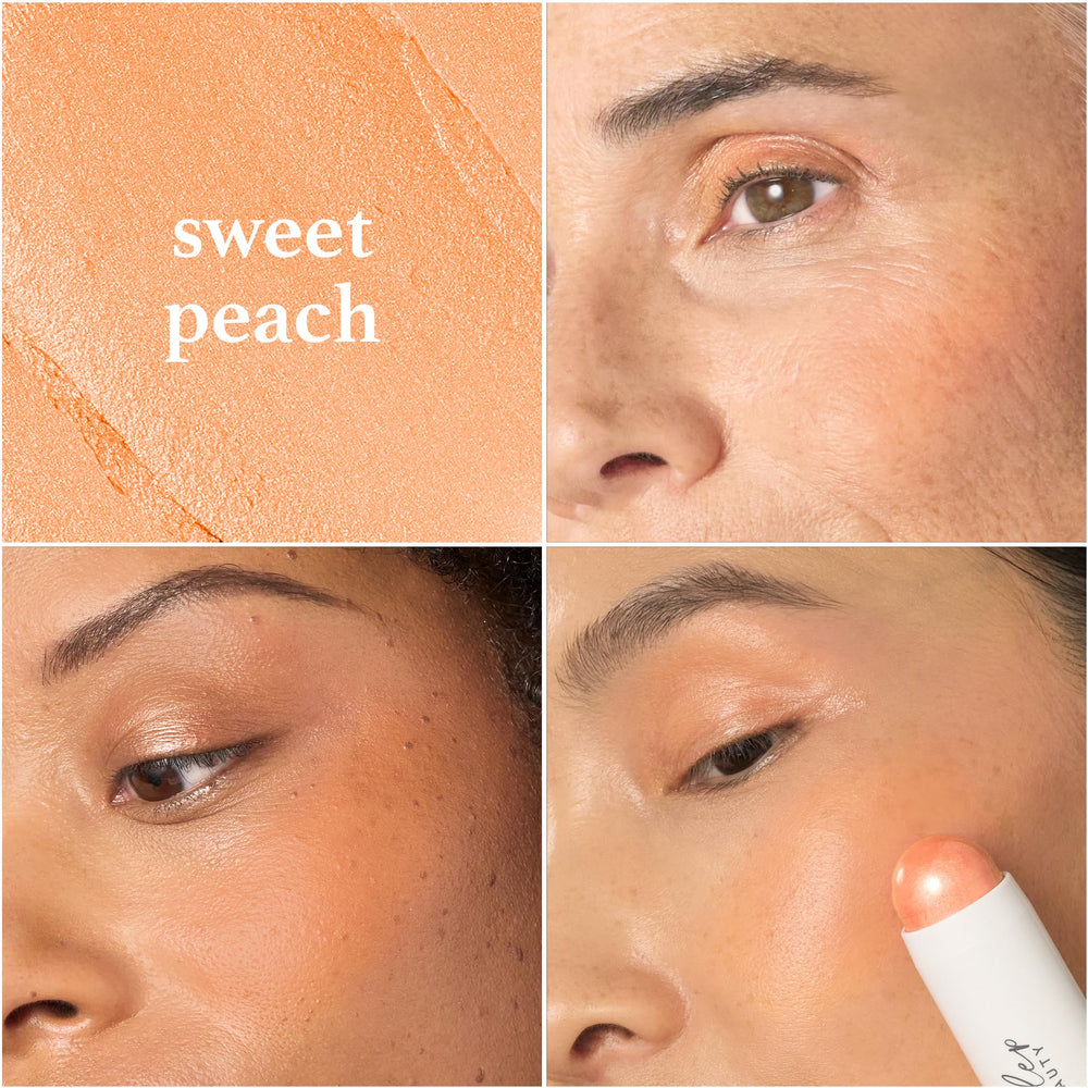 Julep Skip The Brush Blush Stick Sweet Peach on-cheek swatch shows buildable color.