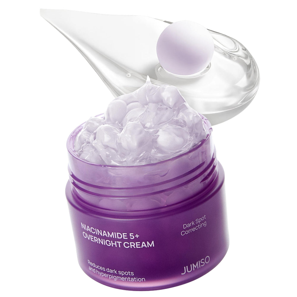 JUMISO Niacinamide 5+ Overnight Capsule Cream jar with visible capsules for custom nightly care.