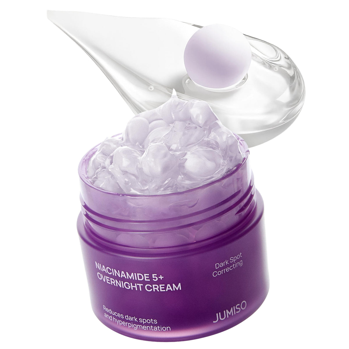 JUMISO Niacinamide 5+ Overnight Capsule Cream jar with visible capsules for custom nightly care.