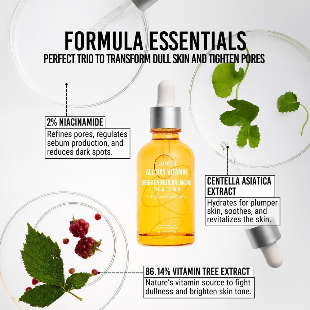 JUMISO All Day Vitamin Serum application scene shows gentle massaging motion on skin.