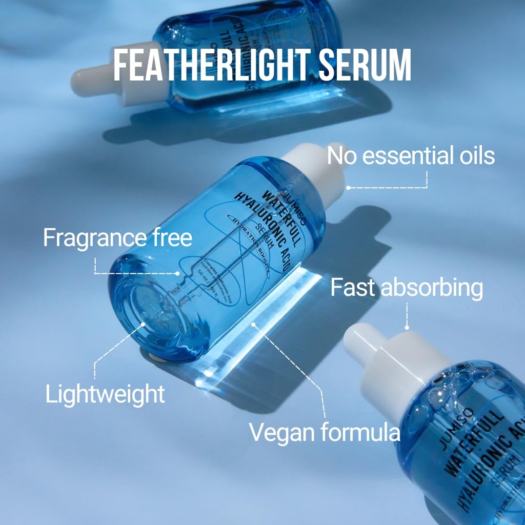 JUMISO Waterfull Hyaluronic Acid Serum on bathroom vanity showcasing fragrance-free packaging