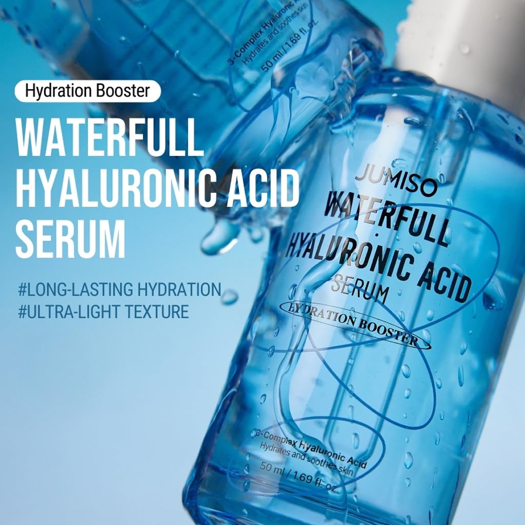 JUMISO Waterfull Hyaluronic Acid Serum close-up on label and clear formula