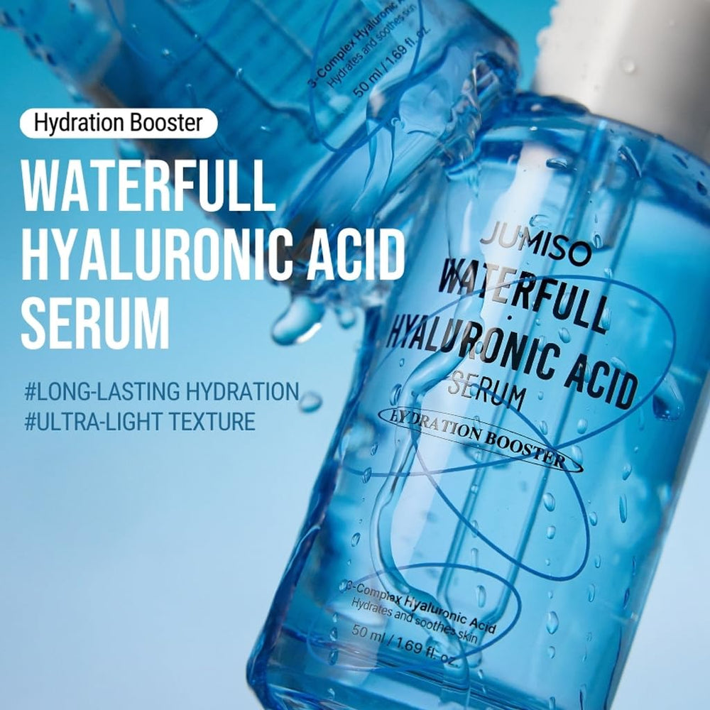 JUMISO Waterfull Hyaluronic Acid Serum close-up on label and clear formula