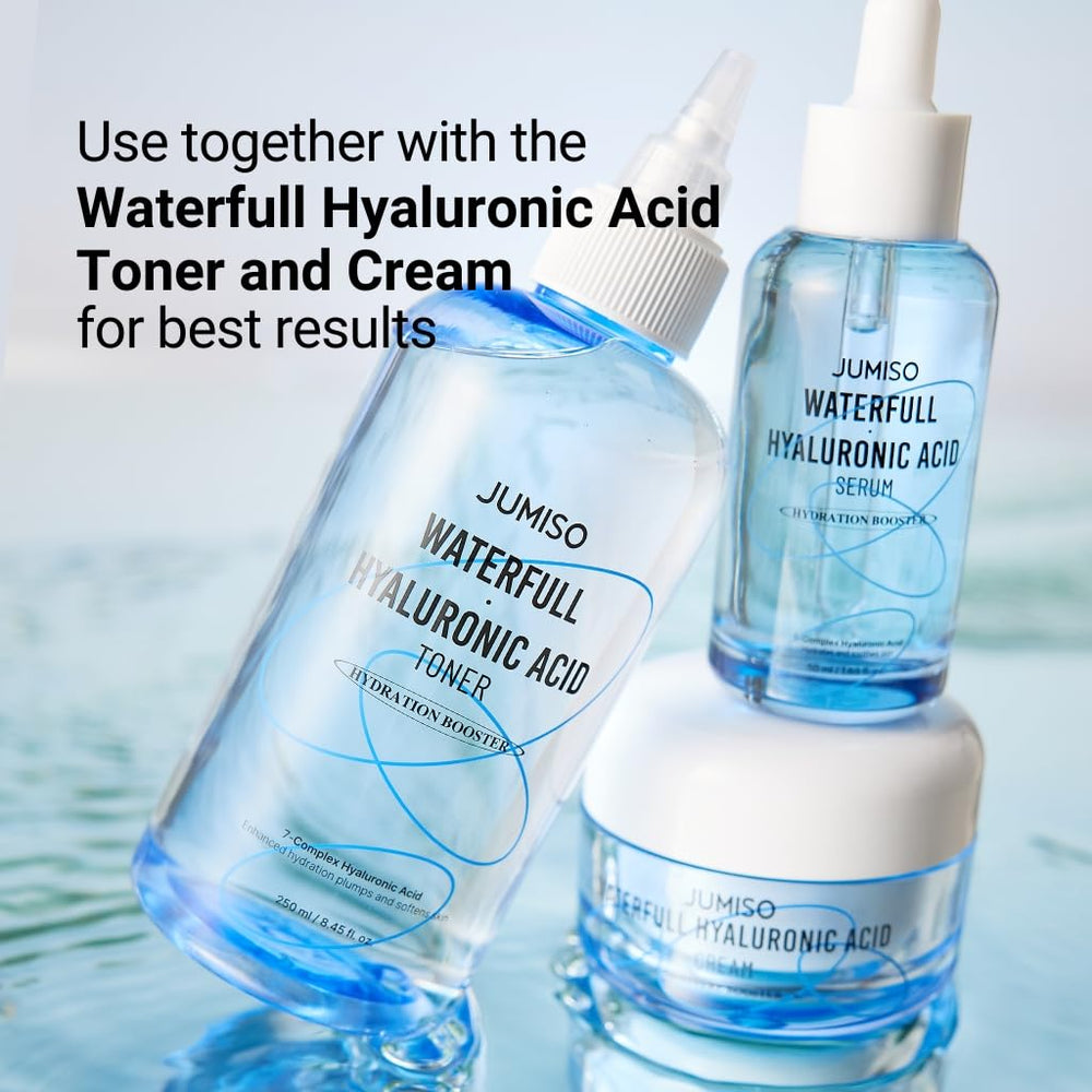 JUMISO Waterfull Hyaluronic Acid Serum flat lay with green leaf and glass of water