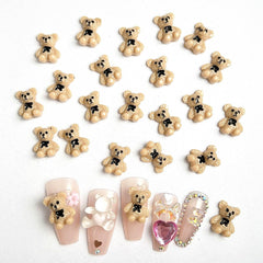 JUNCHAO brown bear 3D resin charm on nails with rhinestones and bow