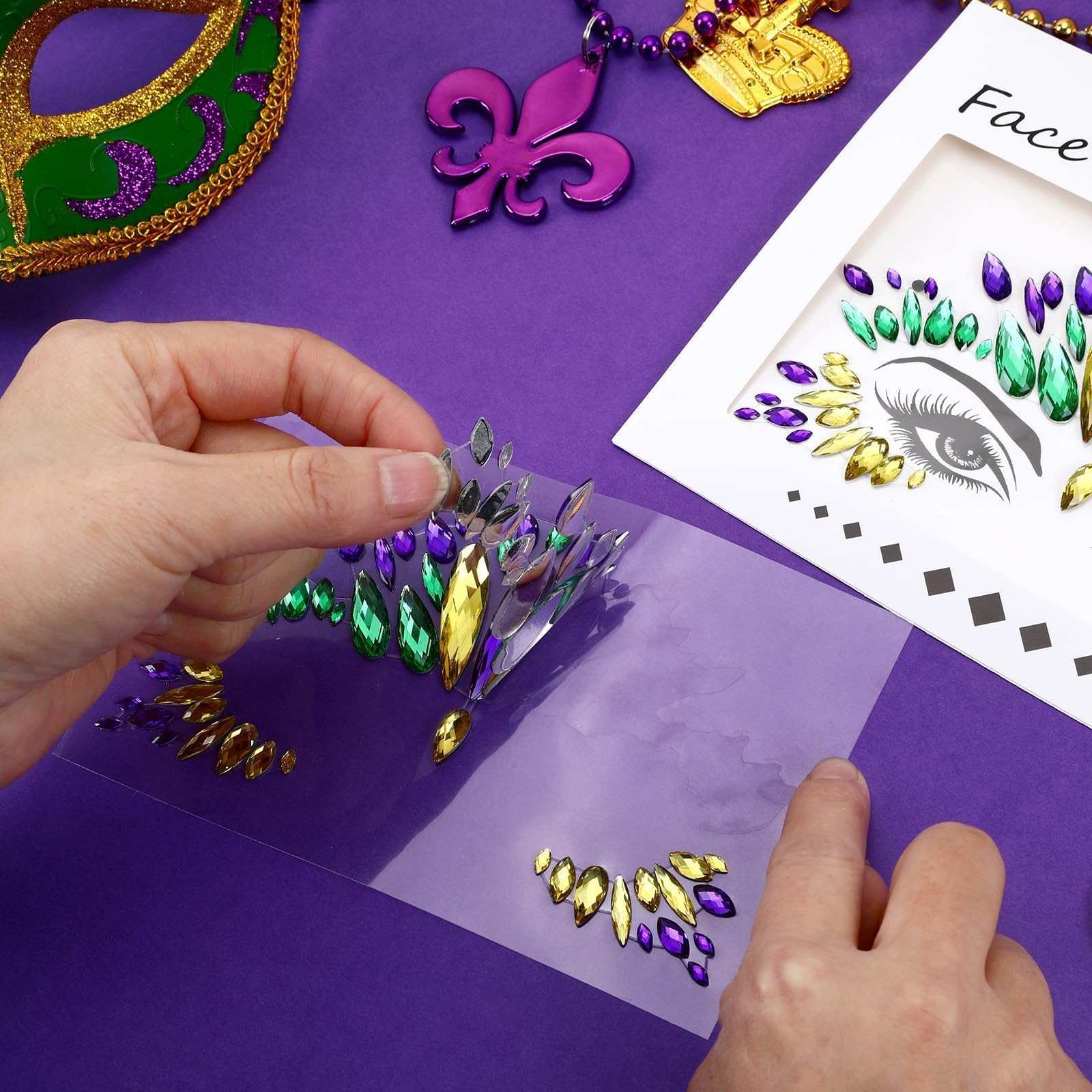 JUNEBRUSHS Mardi for Gras peel-and-stick application saves time during party prep.