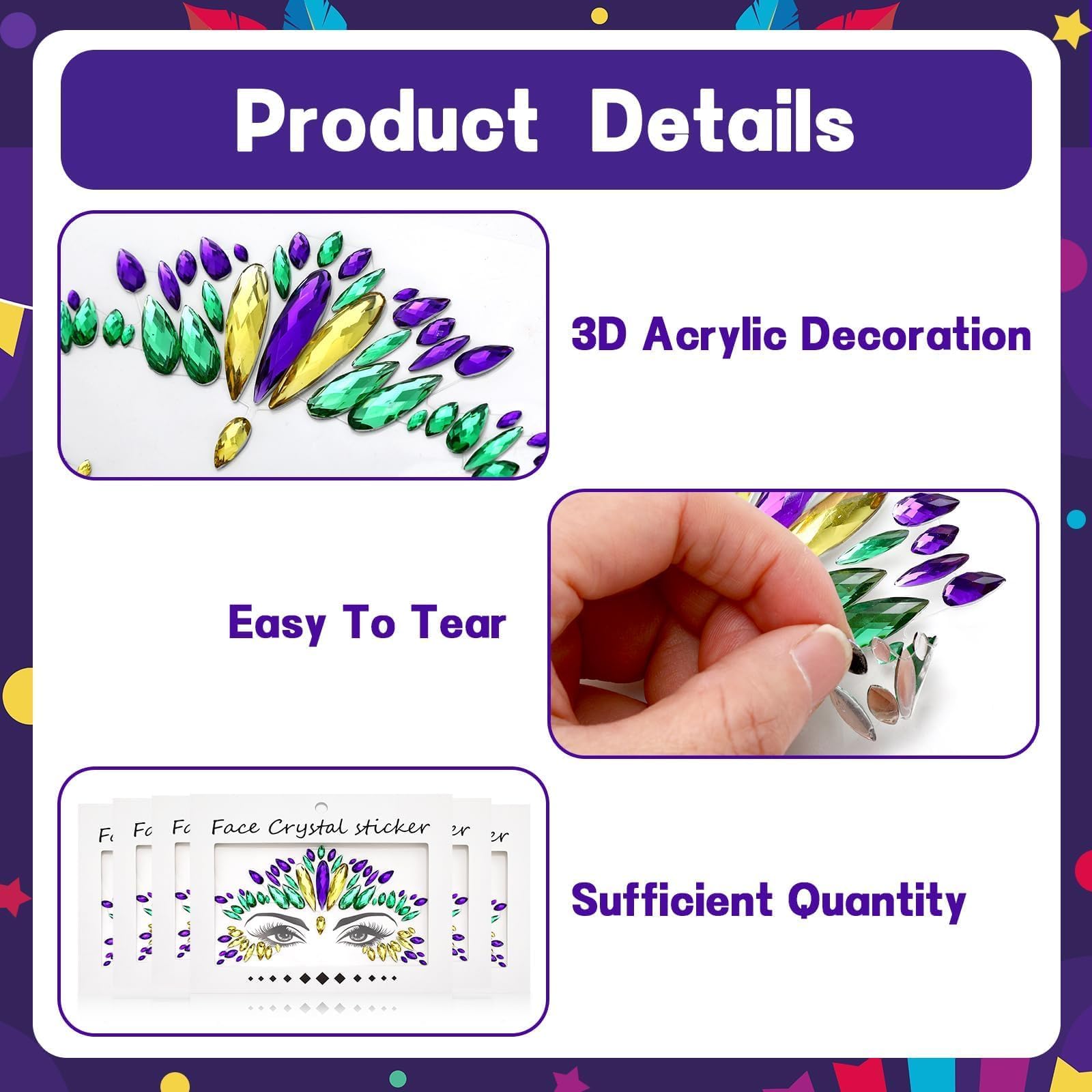 JUNEBRUSHS Mardi for Gras face body stickers versatile and reusable.