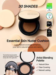 Packaging shot of Jung Saem Mool cushion highlights sleek bottle and mesh puff.