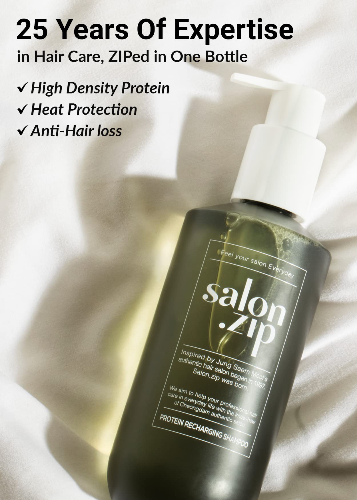 Clear, viscous texture that gently cleanses while supporting damaged hair vitality.