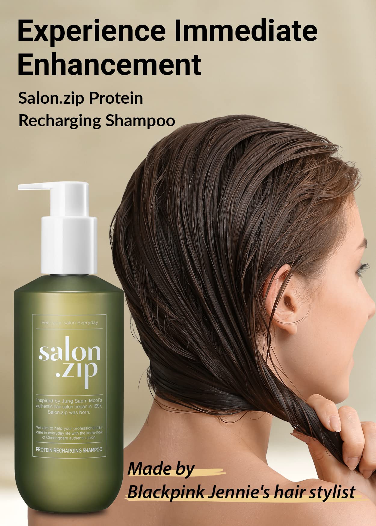 Closeup of the bottle pump showing premium formula for healthier-looking strands.