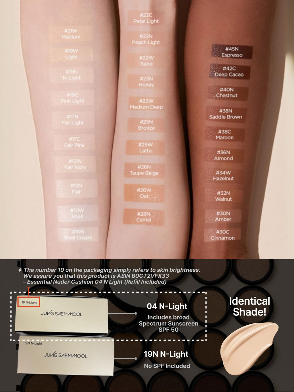Jung Saem Mool SPF Essential Skin Nuder Cushion bottle label highlighting SPF50.