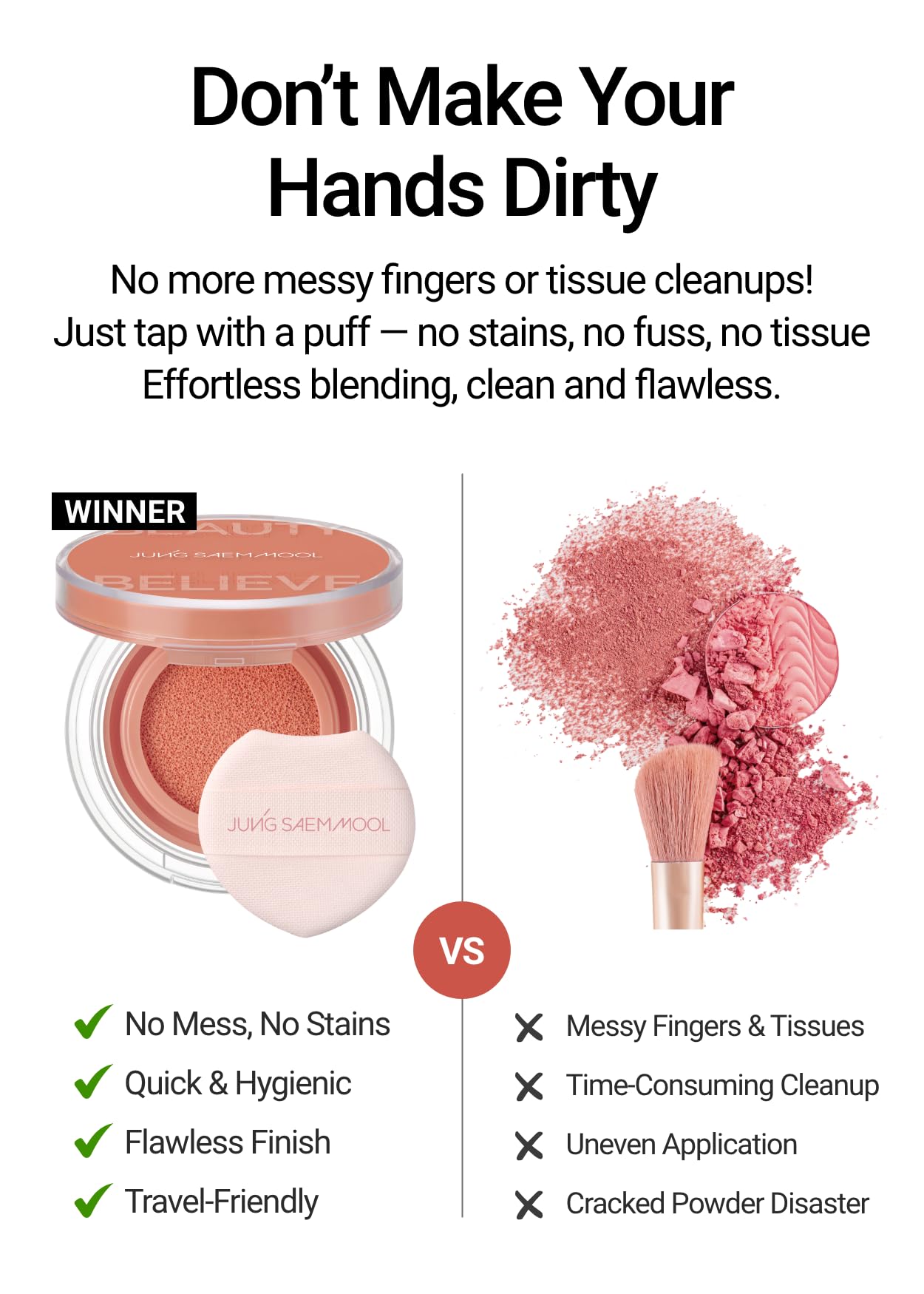 Mess-free application of JUNG SAEM MOOL cushion blush with built-in puff