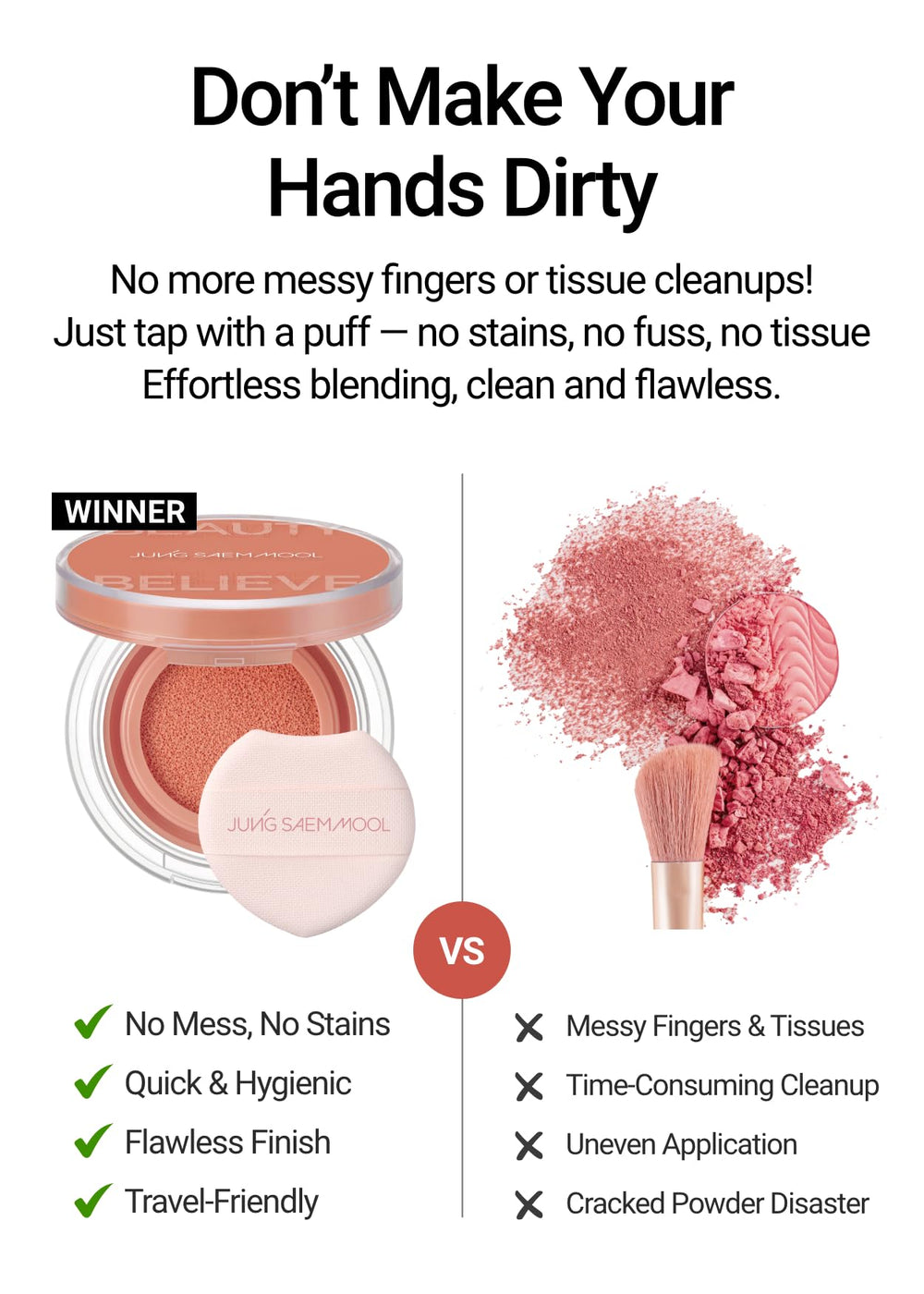 Mess-free application of JUNG SAEM MOOL cushion blush with built-in puff