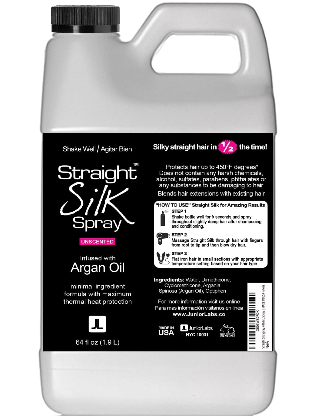 JuniorLabs Straight Silk Spray bottle front for heat protection and detangling.