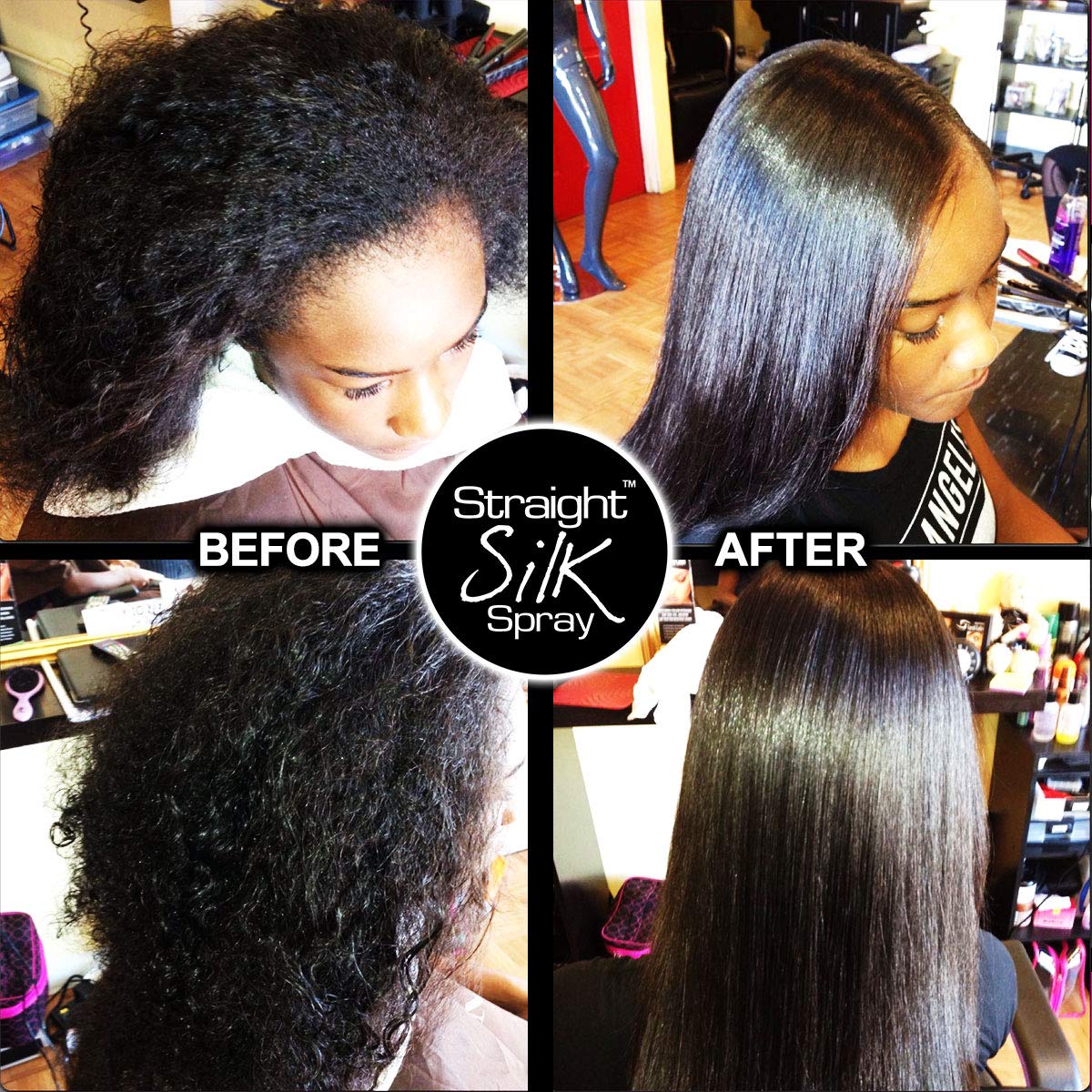 Hands applying JuniorLabs Straight Silk Spray to detangle hair.
