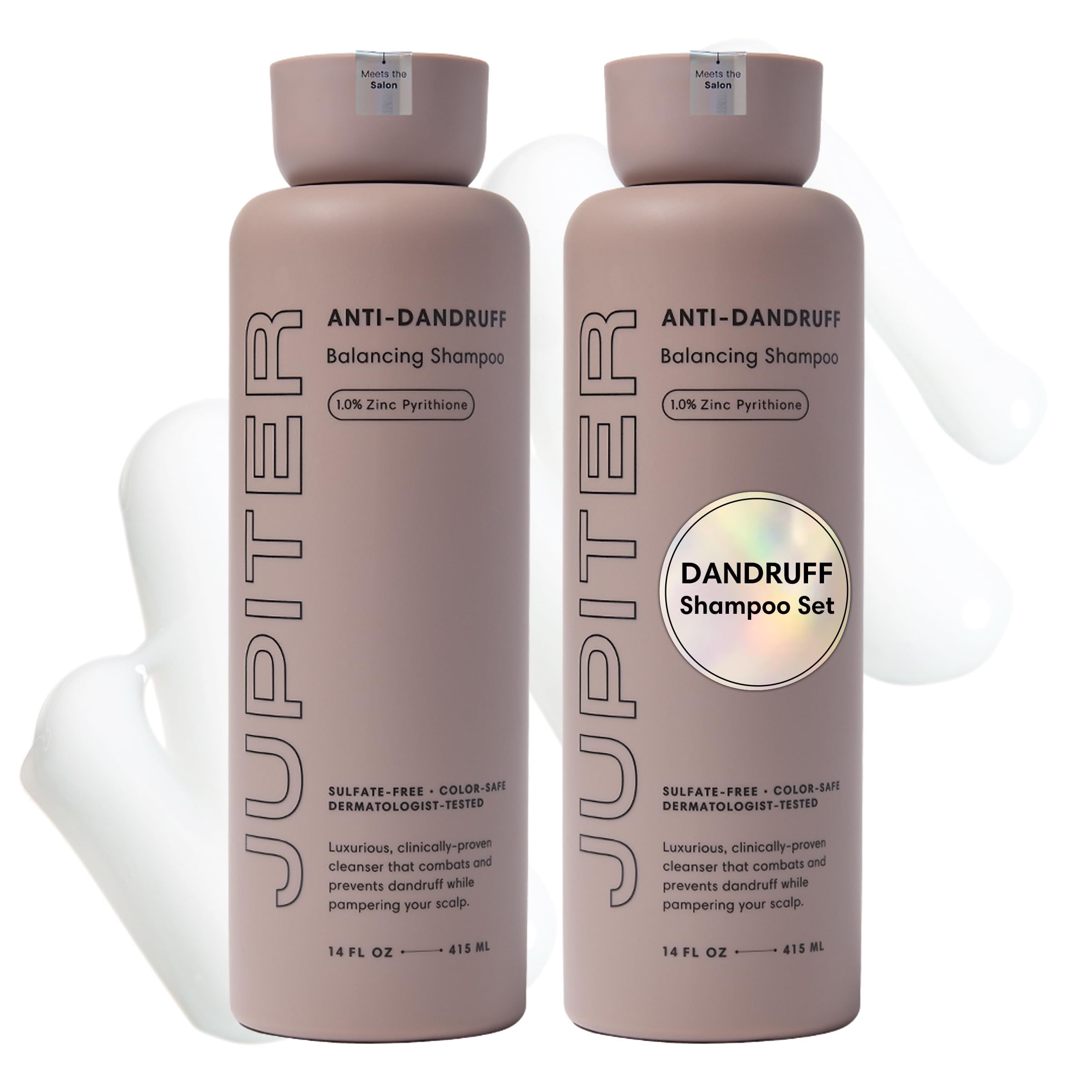 Jupiter Anti Dandruff Shampoo bottle close-up with zinc formula for balanced scalp.