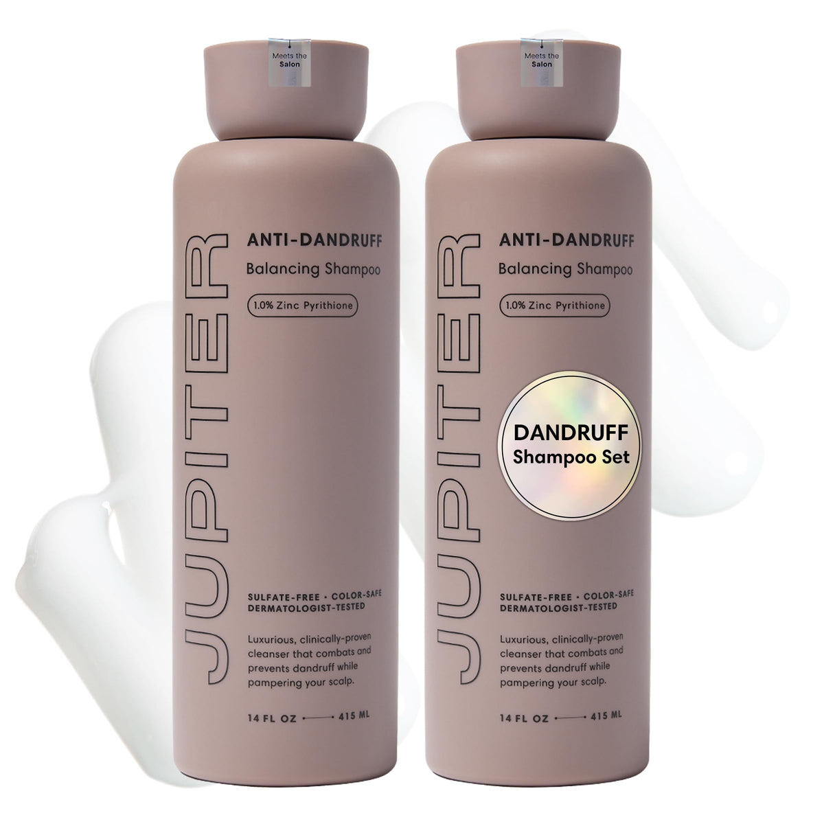 Jupiter Anti Dandruff Shampoo bottle close-up with zinc formula for balanced scalp.